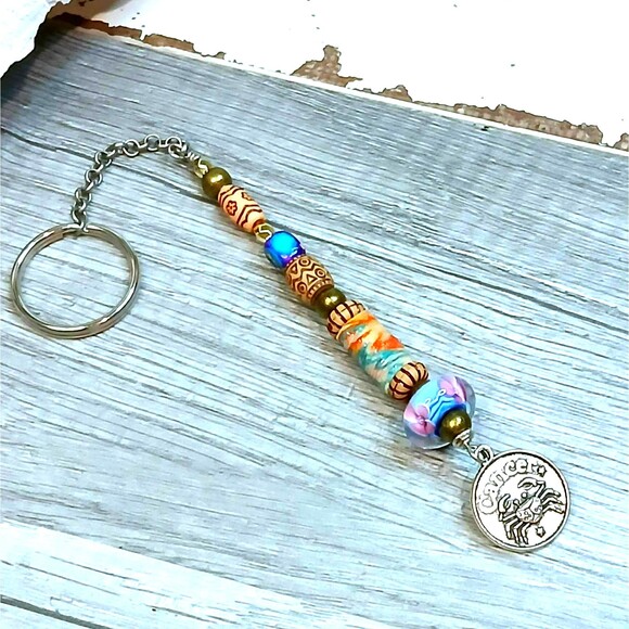 Cancer Beaded Key Chain, Zodiac Gemstone Crystal Bohemian Astrology - Picture 2 of 4